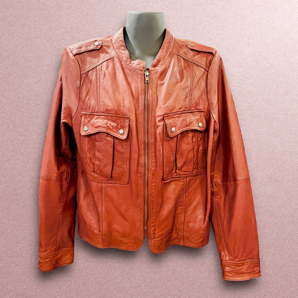 hinge Burnt Orange Leather Bomber Jacket